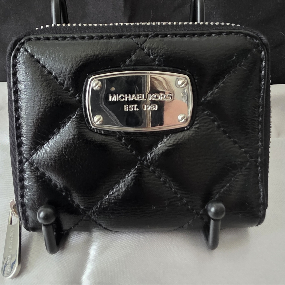 Michael Kors Quilted Black Leather Wallet with Silver Details